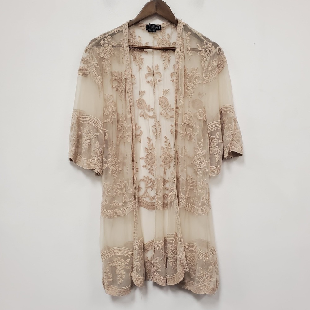 Miss Chevious Womens Open Front Lace Kimono Top Size L/XL Beige Y2K Flare Sleeve - Picture 2 of 9
